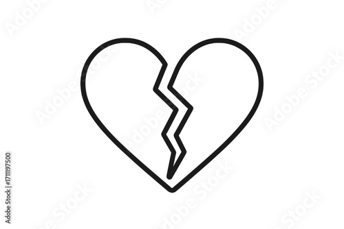 Broken heart icon symbol of heartbreak, sadness, and lost love. Concept of divorce, relationship crisis, and emotional pain. Minimalistic outline vector for grief and sorrow.