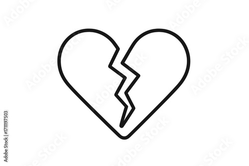 Broken heart icon. Metaphor for heartbreak, divorce, and sadness. Love and relationship problems. Vector symbol of pain, grief, and loss. Minimalistic outline design.