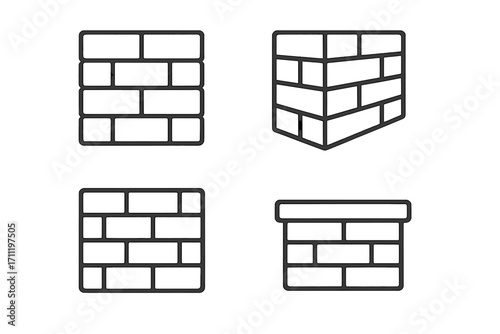 Brick wall line icon set. Building and construction outline signs for graphic and web design. Vector illustration symbol collection. Barrier, fence, masonry, stonework concept.