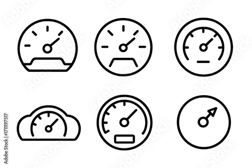 Speedometer gauge line icon set. Dashboard meter symbol collection. Speed test, performance indicator, car tachometer, pressure level and progress signs. Vector graphics.