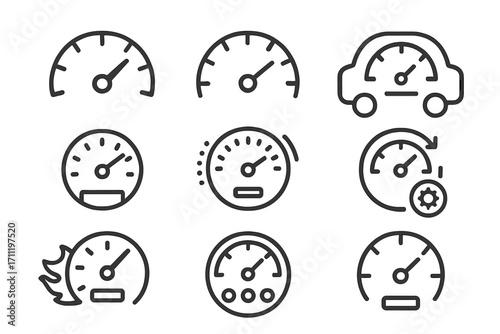 Speedometer line icon set. Car dashboard gauge, tachometer, performance meter. Vector outline signs for speed, acceleration, vehicle indicator, fast driving, web design.