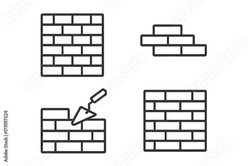 Building line icon set. Brick wall construction, masonry, and bricklaying with trowel tool. Simple outline pictogram collection for web design, app, ui, ux. Vector signs.