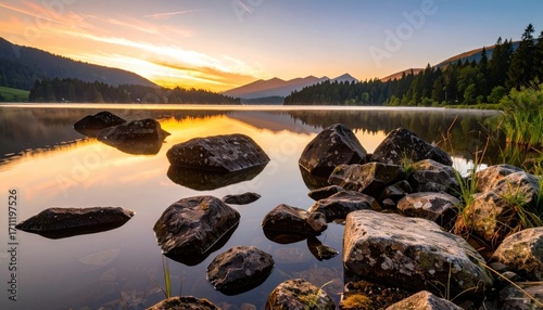 Wallpaper Mural Serene Sunrise Over a Mountain Lake, Calm Water Reflecting the Golden Hour Sky Torontodigital.ca