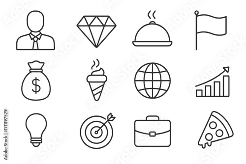 Business success, finance, and food delivery thin line icon set. Global strategy concepts. User, money bag, growth chart, target, diamond, globe, pizza icons for web design.