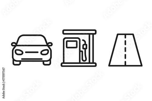 Car, gas station, and road outline icon set. Transport and travel symbols. Vector line art of automobile, fuel pump, and highway for app design, website, and infographics.