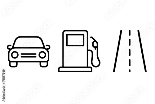 Car, gas station, and road outline icon set. Automotive and travel symbols. Vehicle, fuel, pump, highway, and transport concepts for web, apps, UI, UX, and design.