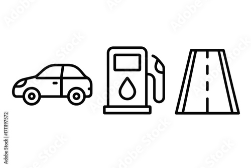 Car, gas station, and road icon set. Vector outline symbols for transport and travel. Modern minimalist pictograms for apps, web design, and infographics. Fuel and auto concept.