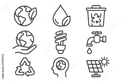 Environment protection line icon set. Ecology, recycling, conservation concepts. Green energy, water saving, sustainability symbols. Planet earth, solar panel vector icons.