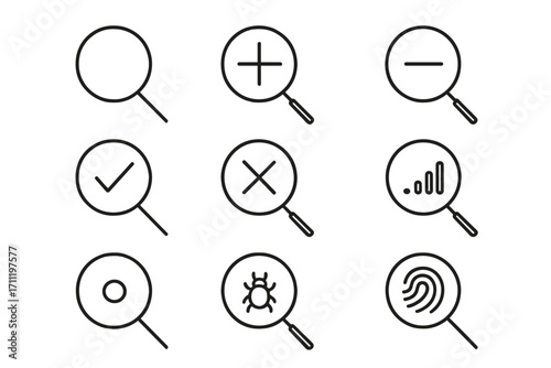 Search icon set. Magnifying glass line icons for web and graphic design. Vector collection of zoom in, out, find, analysis, security scan, bug detection, and fingerprint identification symbols.