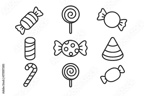 Candy line icon collection. Sweets outline symbols. Lollipop, candy cane, bonbon. Vector illustration for dessert, sugar, party, sweet shop, halloween concepts. Editable stroke.