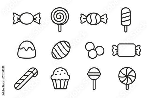 Candy and sweets icon set. Line art collection of dessert food. Lollipop, cupcake, chocolate, candy cane and popsicle vector symbols. Simple outline sweets for design.