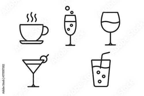Drink and beverage outline icon set. Coffee, wine, champagne, cocktail, and soft drink linear icons. Simple bar menu, cafe or celebration symbols. Vector with editable stroke.
