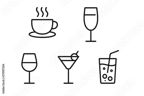 Vector drink icon collection. Coffee, wine, cocktail, and soft drink line symbols. Simple outline icons for bar menu, cafe, or infographics. Editable stroke design.