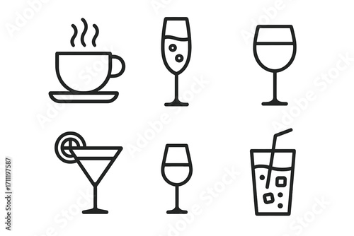 Drink and beverage line icon set. Coffee, wine glass, cocktail, champagne, and soft drink outline symbols. Vector graphic collection for bar, cafe, menu, and restaurant.