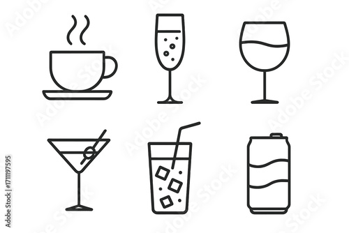 Drink and beverage line icon set. Coffee, wine, cocktail, soda, and champagne glass icons. Vector symbols for bar menu, cafe, or restaurant. Editable stroke design.