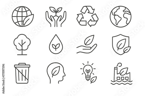 Environment protection thin line icon set. Nature conservation signs. Ecology, recycling, sustainability, green energy. Outline vector pictograms for web and graphic design.