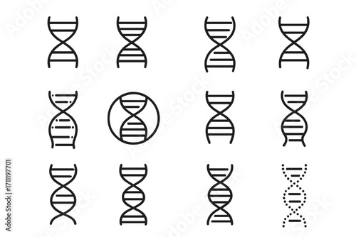 DNA helix line icon set. Simple gene, genetics and chromosome symbols. Science, biology and evolution concept. Medical and laboratory research vector elements collection.
