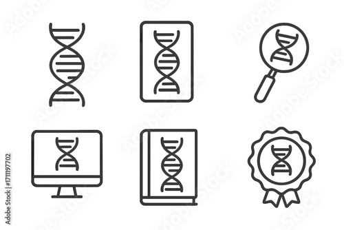 DNA line icon set. Genetics, biology, and science research symbols. Gene, helix, chromosome concepts for education, lab analysis. Editable stroke vector for UI, web, app design.