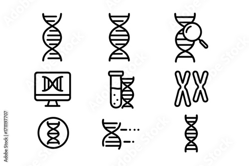 DNA line icon set. Genetics, chromosome, and science concept. Biology research, analysis, and gene sequencing. Simple minimal pictogram collection with editable stroke vector.