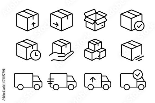 Delivery line icon set. Shipping logistics symbols. Thin outline vector graphic for package transport, fast courier service. Box, truck, tracking sign for web and app.