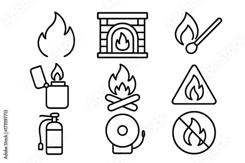Fire line icon set for safety and emergency. Includes fireplace, match, lighter, campfire, extinguisher, alarm bell, and warning signs. Minimalist vector outline illustration.