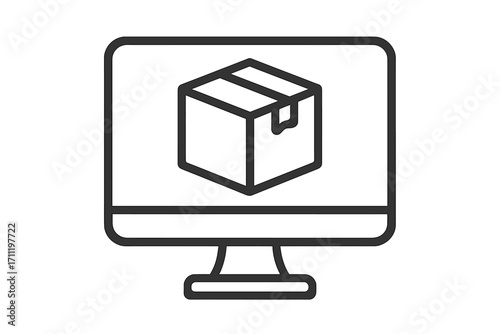 Online shopping and e-commerce concept. Package delivery and order tracking icon. Parcel in a box on a computer monitor screen. Logistics and shipping service symbol.