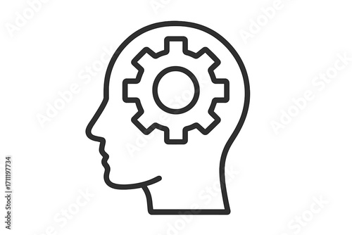 Human head silhouette with gear inside, a concept for the thinking process, psychology, and mental health. Symbol of brainstorming, problem-solving, innovation, logic and reason.