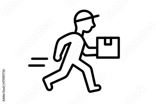 Fast delivery service icon with running man carrying a package. Express courier shipping symbol. Logistic and post concept for web. Vector line illustration pictogram.