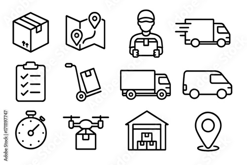 Delivery and logistics line icon set. Transportation and shipping service symbols. Vector icons of truck, courier, drone delivery, package tracking, warehouse, and map.