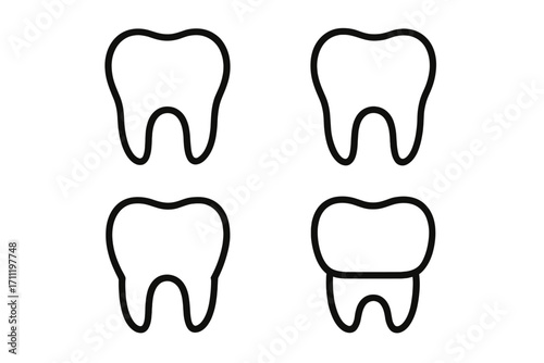 Dental crown, tooth implant vector icon set. Linear outline symbol for dentistry, stomatology, and oral hygiene. Healthy tooth graphic for clinic logo, web design, dental care.