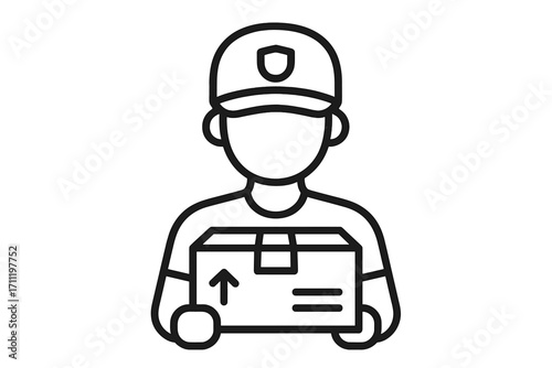 Delivery man with box icon. Courier holding parcel for shipment. E-commerce shipping and logistics symbol. Postal service worker pictogram for web and apps. Vector line art.