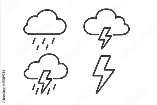 Weather forecast icon set with rain, lightning bolt, and storm symbols. Vector collection of simple outline climate pictograms. Linear illustration for web or mobile app.