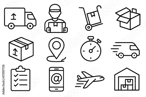Delivery and logistics icon set. Shipping, transportation and order fulfillment symbols. Courier, truck, plane, warehouse, and package tracking for e-commerce business.