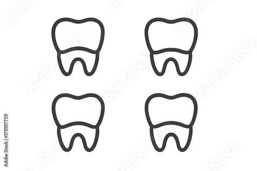Tooth icon set linear symbol. Dental crown outline collection. Dentistry, stomatology, oral care, hygiene concept. Simple tooth logo for dentist clinic. Vector illustration.