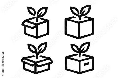 Eco friendly packaging icon set for sustainable delivery. Green business growth and startup concept. Plant sprout in open cardboard box. Organic product shipping idea.
