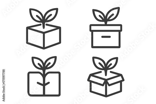 Eco friendly packaging icon set. Sustainable business growth concept. Green startup symbol. Organic product delivery outline sign. Sprout growing in a box. Ecology care vector.