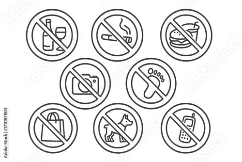 Prohibition signs line icon set. No smoking, food, alcohol, dogs, camera, phone. Forbidden symbol collection for public places. Warning outline vector pictograms.