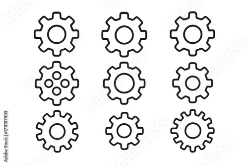 Gear icon set cogwheel collection. Settings symbol. Web line pictograms. Technology and engineering concept. Mechanical process, progress, teamwork. Editable stroke vector.