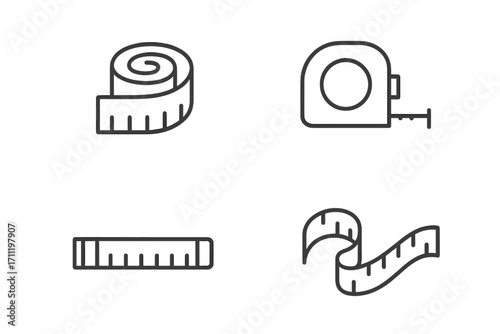 Measuring tape line icon set. Ruler and tape measure vector icons for measuring length, distance, and size. Outline toolkit icons for sewing, craft, or construction.
