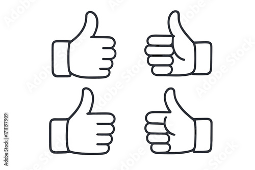 Thumbs up icon set. Like button collection for social media. Positive feedback symbol. Hand gesture for approval, success, and agreement. Vector outline illustration. OK sign.