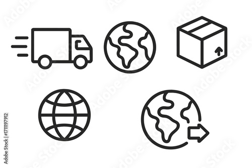 Shipping and delivery icon set. Global logistics and worldwide transport concept. Truck, globe, and parcel box symbols for web design. Vector line art illustration.