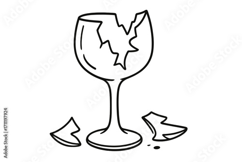 Broken wine glass vector illustration. Line art icon of shattered glassware. Concept for fragility, accident, damage, end of a relationship, failure, stress, or bad luck.