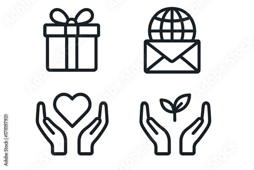 Charity and donation icon set. Giving and support symbols. Gift box, hands holding heart, global mail, nature care. Philanthropy, help, love and environment concept.