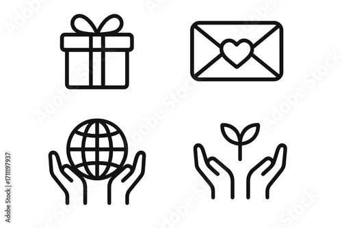 Charity and donation line icon set. Concepts of giving, volunteering, and environmental care. Vector icons of gift, love letter, global support, and nature growth.