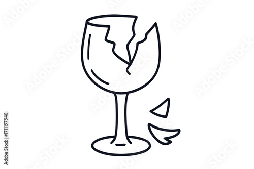 Broken wine glass line illustration. Shattered glassware vector icon. Fragile concept symbol of accident, damage, failure, end, mistake, or bad luck. Cartoon doodle style.