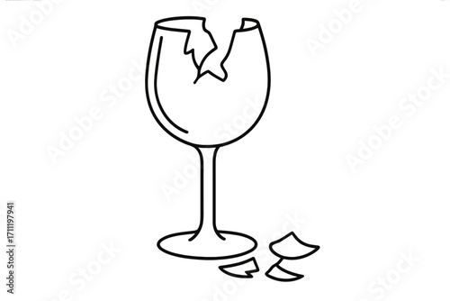 Broken wine glass line art vector icon. Shattered fragile glassware concept for crisis, failure or accident. Metaphor for divorce, end of a relationship or bad luck.