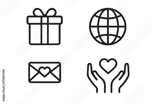Charity and donation icon set. Gift, love, global help, and care symbols. Vector line icons for philanthropy, community support, giving present, and humanitarian aid concept.