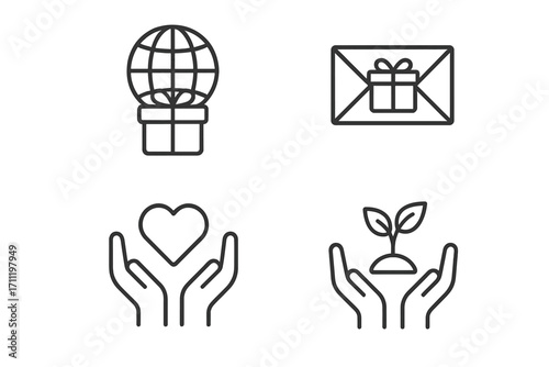 Charity and donation line icon set. Thin line icons for nonprofit, giving, support. Vector symbols of love, care, environment, global help, present, gift, social work.