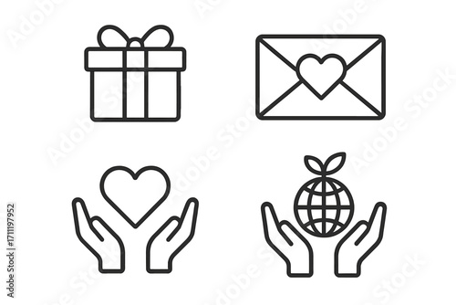 Charity and donation line icon set. Giving love, care, and support concept. Vector icons of gift, heart in hands, global eco care, and love letter for volunteering.