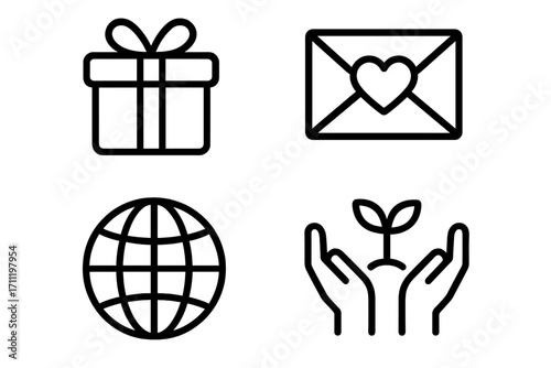 Charity and donation icon set. Simple outline icons of a gift, love letter, globe, and hands caring for a plant. Concepts of help, support, ecology, and global community.